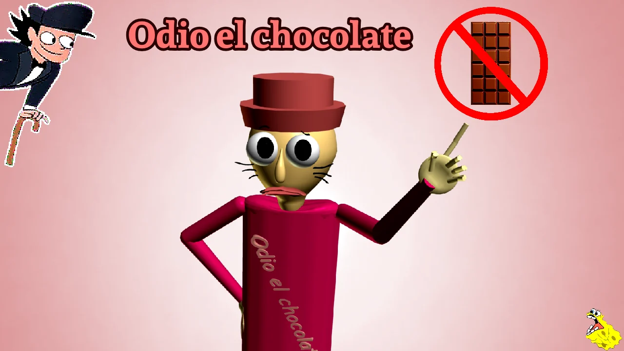Personaje de Odio el chocolate con traje rojo y sombrero sobre un fondo rosa